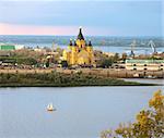 Alexander Nevsky Cathedral and sailboat on confluence rivers Nizhny Novgorod Russia