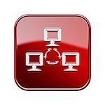 Network icon glossy red, isolated on white background.