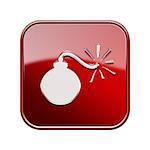 bomb icon glossy red, isolated on white background