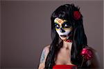 Halloween sugar skull girl with red rose, Day of the Dead theme