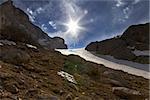 Mountain pass and blue sky with sun. Turkey, Central Taurus Mountains, Aladaglar (Anti-Taurus). Wide-angle view.