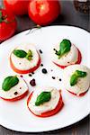 Tomato and mozzarella with basil leaves on plate