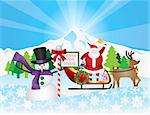 Santa Claus on Reindeer Sleigh with Winter Snow Scene with Snowman Trees and Stop Sign Illustration