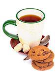 Cup of Tea with Sugar Cubes, Tea Spoon and Chocolate Chip Cookies isolated on white background