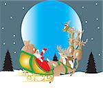 Santa and his reindeer drawn sleigh flying in front of the moon with a star filled sky background