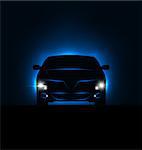 Illustration silhouette of car with headlights in darkness - vector