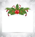 Illustration Christmas elegant card with holiday decoration (holly berry, pine, sweet cane) - vector