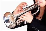 Closeup of Trumpet Player Playing - Isolated on White