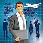 Vector Idea and travel concept. Business man with laptop in his hands. All layers well organized and easy to edit