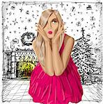 Christmas concept.Vector surprised blonde in pink dress do not know what to buy. All layers well organized and easy to edit