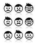 Collection of man, boy faces with mustache - happy, sad, angry