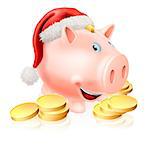 Cartoon Christmas piggy bank with Santa hat on and gold coins. Concept for saving money for Christmas or Christmas club fund.