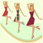 Stylish fashion models posing on podium in various checkered dresses, hand drawing vector illustration