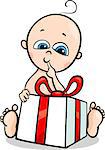 Cartoon Illustration of Cute Little Baby Boy in with Christmas Present