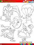 Coloring Book or Page Cartoon Illustration of Black and White Christmas Themes Set with Santa Claus and Xmas Presents and Decorations for Children