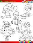 Coloring Book Cartoon Illustration of Black and White Christmas Themes Set with Cute Babies and Children