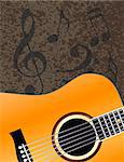 Acoustic Guitar Closeup with Musical Notes Textured Background Illustration