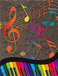 Wavy Abstract Piano Keyboard with Rainbow Colors Keys and Musical Notes Textured Background Illustration