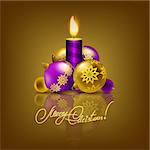 Festive background with Christmas balls, candle for greeting card, invitation. Vector illustration. EPS10.