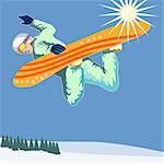 Illustration of a person snowboarding on air with sun in the background.