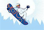 Illustration of a person snowboarding on air viewed from below in the background.