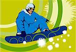 Illustration of a person snowboarding with sun in the background done in retro style.