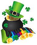 St Patricks Day Leprechaun Hat with Rainbow Colors Piano Wavy Keyboard and Pot of Gold Coins Isolated on White Background Illustration