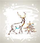 Vector Christmas grunge background with deer and Christmas tree