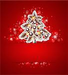 Vector red Christmas background with paper Christmas tree