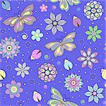 Vector illustration of seamless pattern with abstract colorful flowers, butterflies and ladybugs