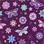 Vector illustration of seamless pattern with abstract colorful flowers and butterflies