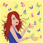 Young woman with butterflies around her on the butterflies background , hand drawing vector illustration