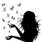 Beautiful young woman silhouette with butterflies around her, hand drawing black and white vector illustration