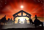 Nativity Christmas scene with baby Jesus in the manger in silhouette, three wise men or kings and star of Bethlehem