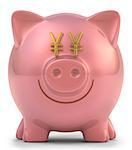 Piggy bank with eyes yen sign. Clipping path included.