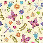 Vector illustration of seamless pattern with abstract colorful flowers, butterflies,dragonflies and ladybugs