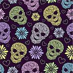 Vector illustration of seamless pattern with abstract floral skulls