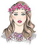 Young girl fashion illustration. Girl with flowers in her hair and statement necklace