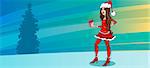 Greeting Card Cartoon Illustration of Cute Pretty Girl in Santa Claus Costume with Present on Christmas