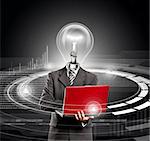 Idea concept. Business lamp head man with laptop in his hands