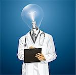 Idea medical concept. Vector lamp head doctor man writing something with marker on clipboard