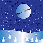 A Snowy Christmas Scene with stars,snow falling,christmas trees and Santas sleigh flying in front of the moon