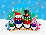 Penguins Christmas Carolers with Hats and Scarfs with Winter Snow Scene and Random Music Notes Background Illustration