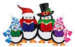 Penguins Christmas Carolers with Hats and Scarfs Isolated on White Background Illustration