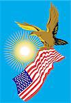 Illustration of a bald eagle flying with american stars stripes flag on isolated background done in retro style.