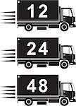 illustration of a delivery truck lorry with numbers 12 24 48 hours done in retro style on isolated background