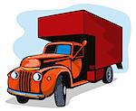 Illustration of a red vintage moving truck movers set on white background done in retro style.