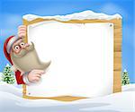 A Santa Christmas Winter Scene of Santa pointing at a winter sign