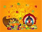 Thanksgiving Day Fall Bountiful Harvest Cornucopia with Turkey Pilgrim Pumpkins Fruits and Vegetables illustration