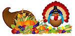 Cornucopia with Bountiful Fall Harvest and Pilgrim Turkey Isolated on White Background Illustration